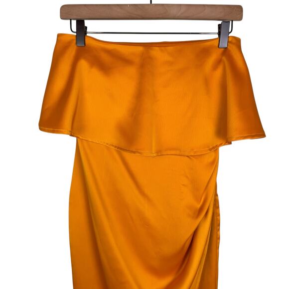Lovers + Friends Violet Orange Satin Side Slit Formal Strapless Midi Prom Dress - Picture 5 of 10